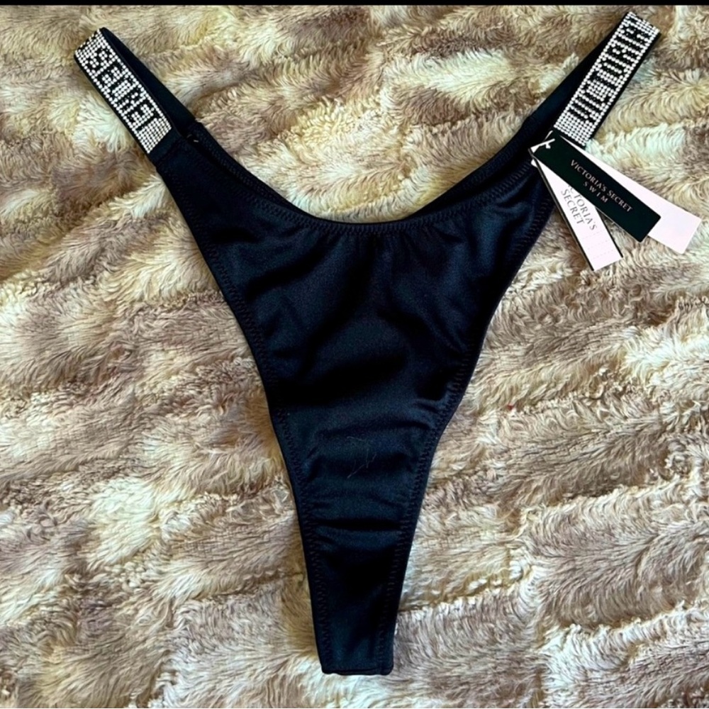 Victoria's Secret Black Bikini Thong Bottoms with Embellished Straps